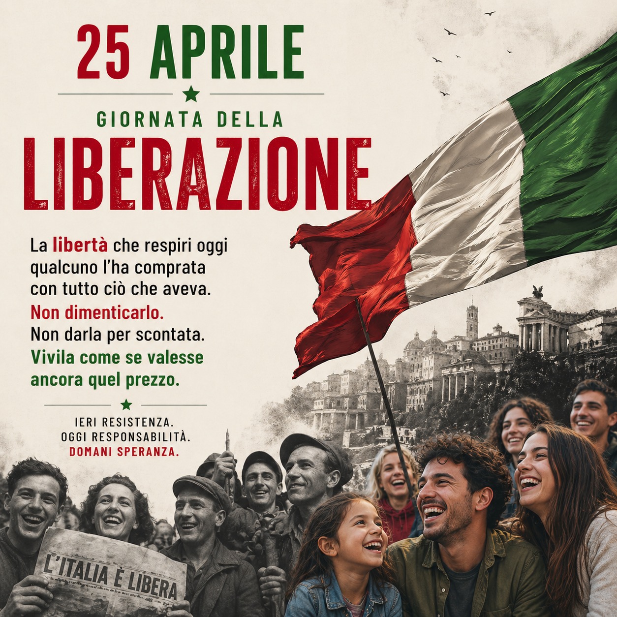 Manifesto per il 25 Aprile: persone di diverse generazioni festeggiano accanto a immagini storiche della Liberazione e a una bandiera italiana. Il testo celebra la libertà come eredità della Resistenza.