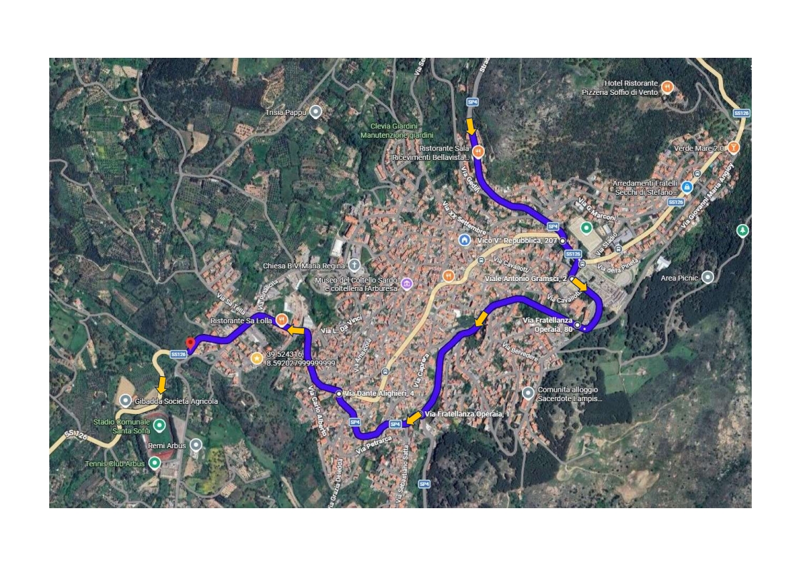 Mappa del centro abitato di Arbus con evidenziato il Passaggio 2ª Tappa “Giro di Sardegna 2026”