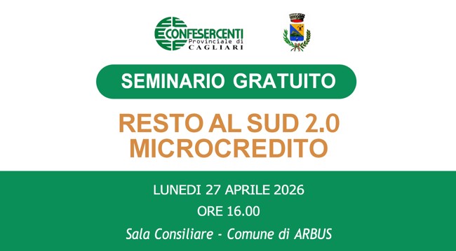 logo confesercenti cagliari e stemma del comune di arbus e la dicitura seminario gratuito lunedì 27 aprile ore 16:00 sala consiliare comune di arbus