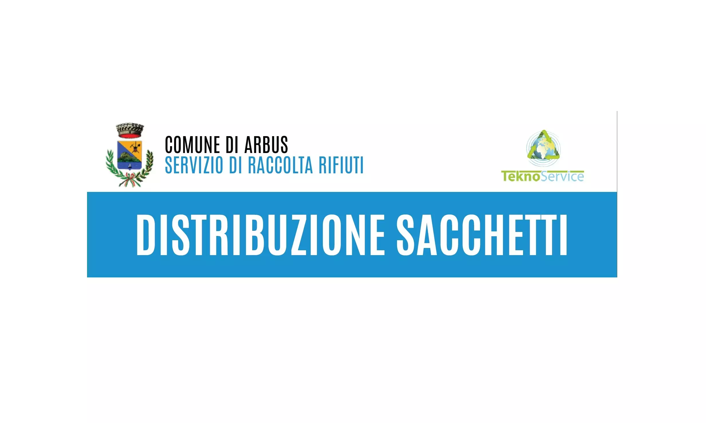 logo comune di arbus e tecknoservice  e scritta servizio di raccolta rifiuti e distribuzione sacchetti